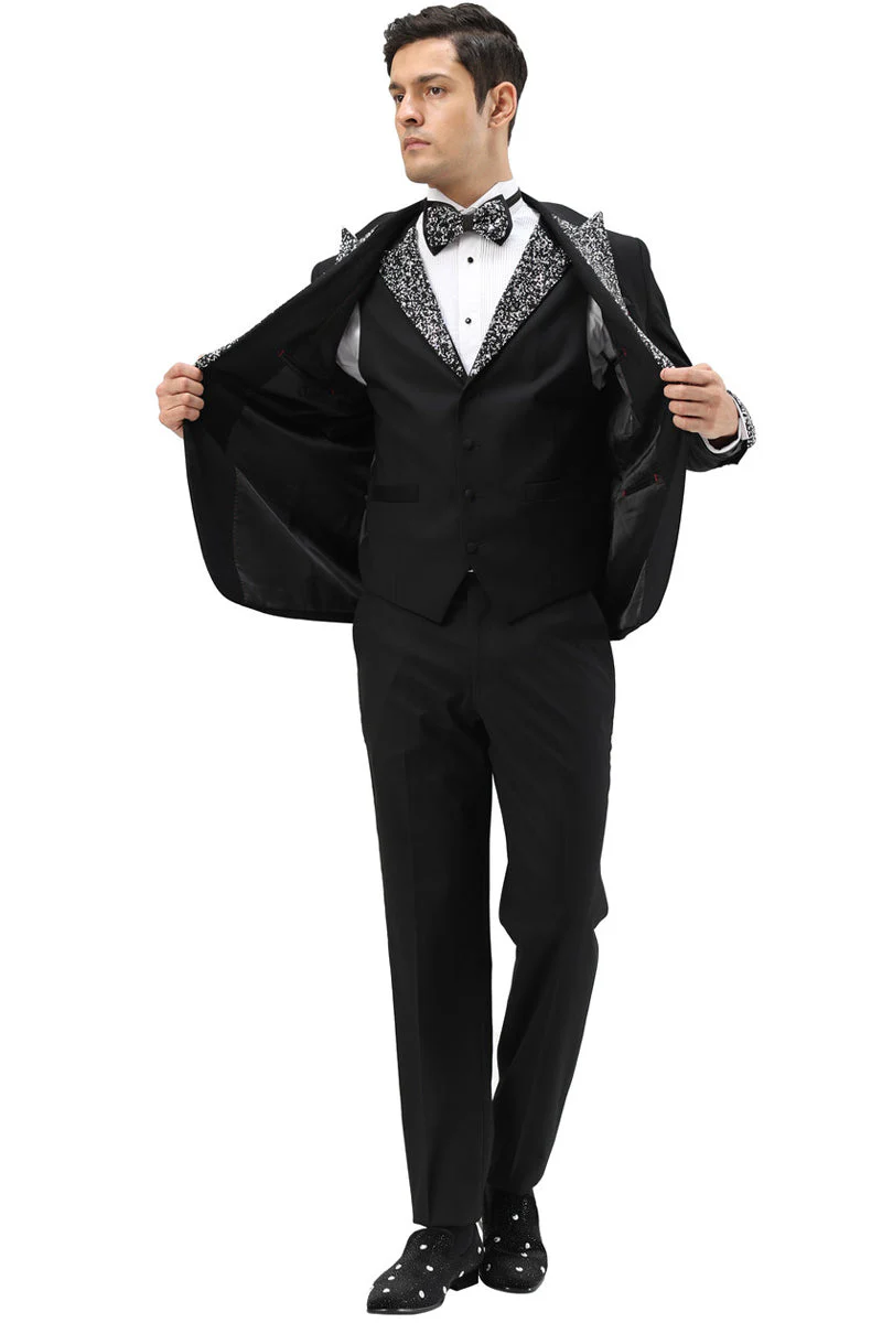Men's One Button Rhinestone Peak Lapel Vested Prom Tuxedo in Black - Image 3