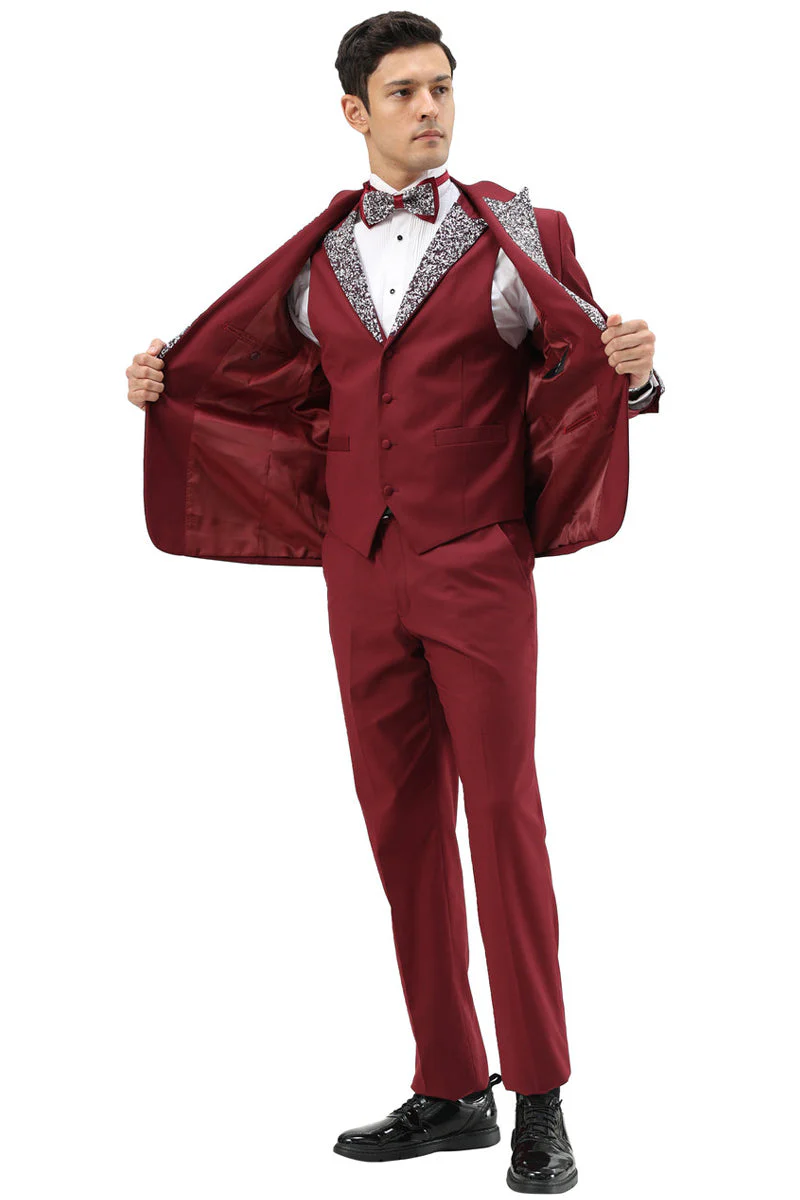 Men's One Button Rhinestone Peak Lapel Vested Prom Tuxedo in Burgundy - Image 3