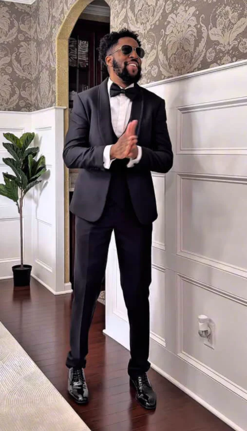 Men's One Button Vested Shawl Tuxedo in Black Birdseye with Black Satin Trim - Image 3