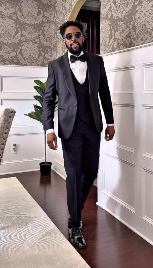 Men's One Button Vested Shawl Tuxedo in Black Birdseye with Black Satin Trim - Image 4