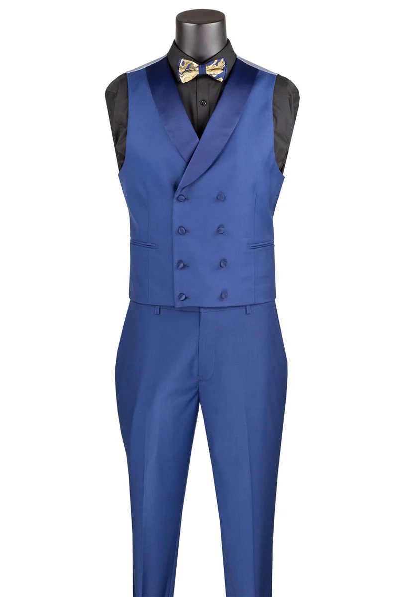 Men's Shiny Paisley Jacquard Vested Wedding & Prom Tuxedo in Navy Blue & Gold - Image 3