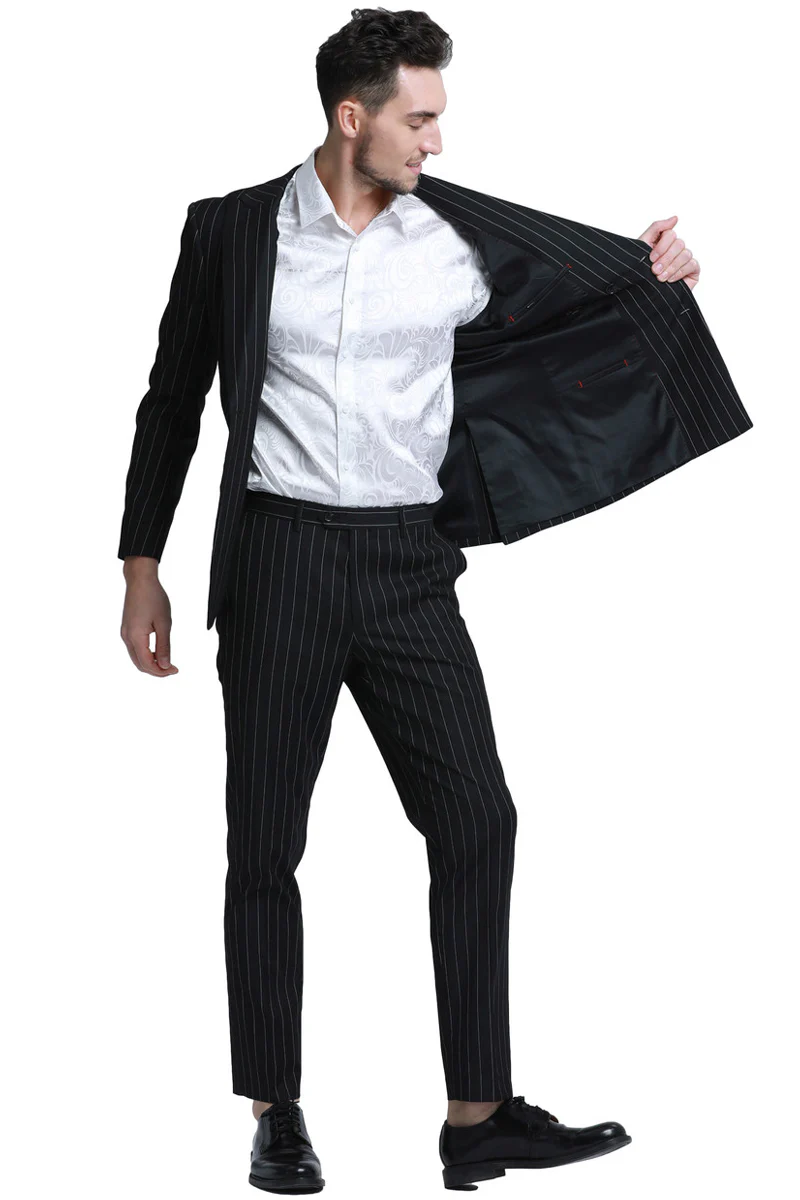 Men's Slim Fit Double Breasted Bold Gangster Pinstripe Suit in Black - Image 3