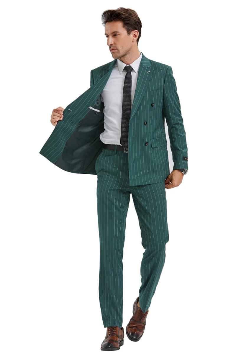 Men's Slim Fit Double Breasted Bold Gangster Pinstripe Suit in Hunter Green - Image 3