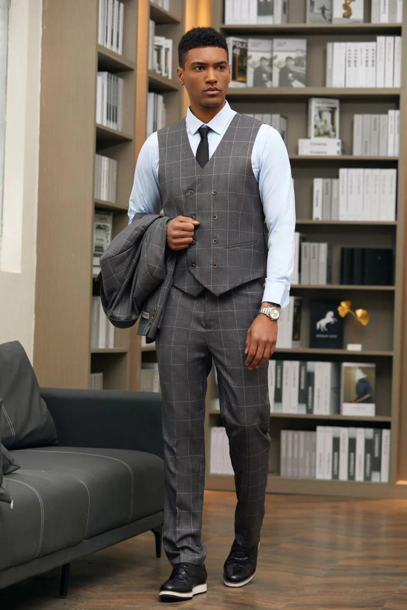 Men's Stacy Adams One Button Peak Lapel Suit with Double Breasted Vest in Charcoal Windowpane - Image 3