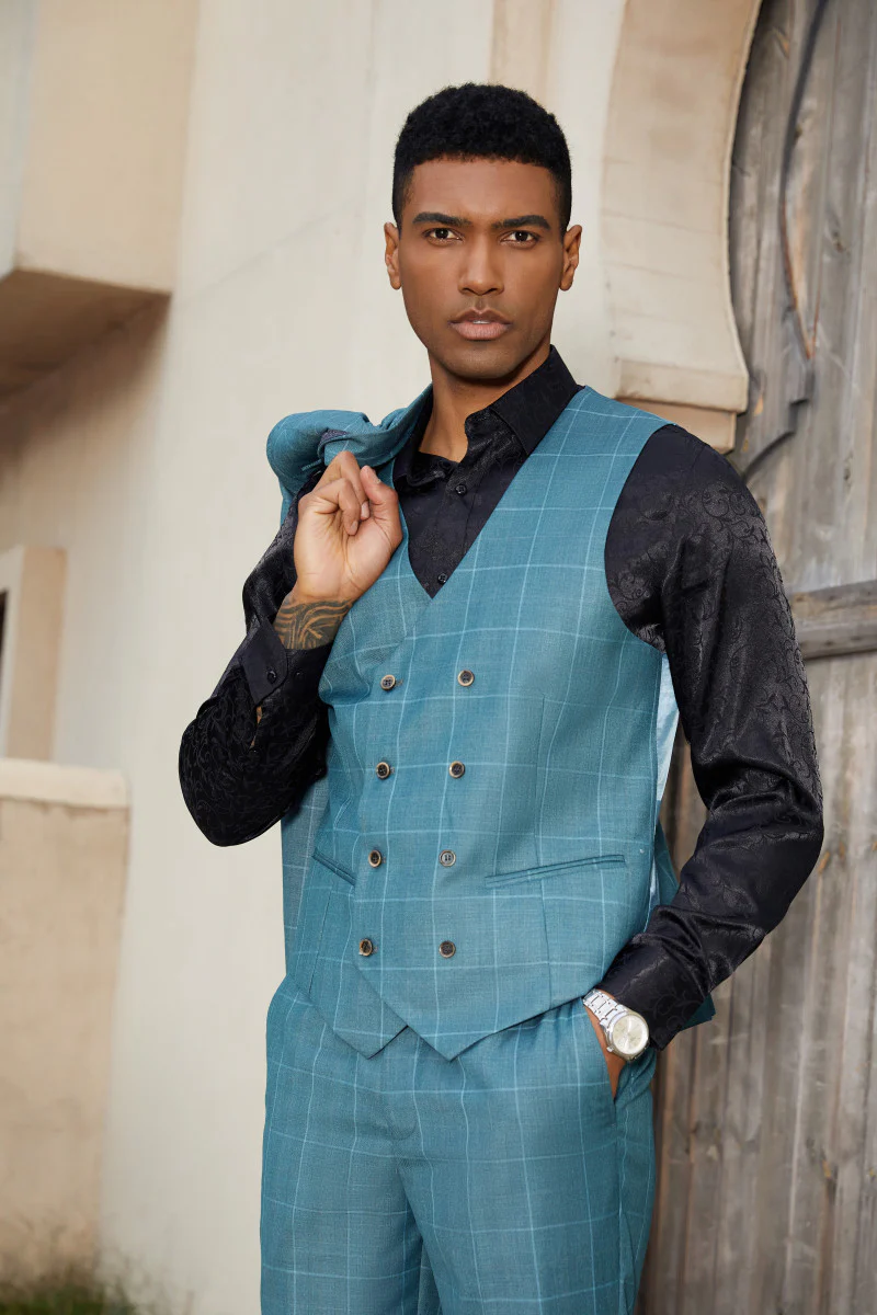 Men's Stacy Adams One Button Peak Lapel Suit with Double Breasted Vest in Teal Windowpane - Image 3
