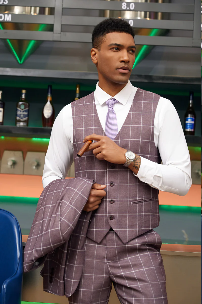 Men's Stacy Adam's One Button Vested Modern Fit Suit in Lavender Windowpane Plaid - Image 3