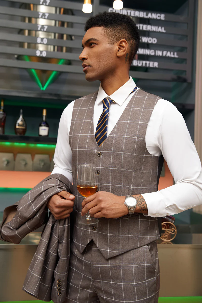 Men's Stacy Adam's One Button Vested Modern Fit Suit in Light Brown Windowpane Plaid - Image 3