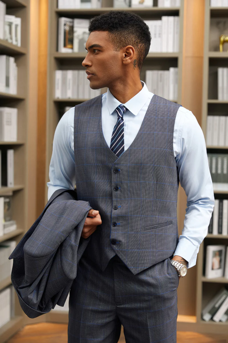 Men's Stacy Adam's One Button Vested Peak Lapel Suit in Grey & Blue Windowpane Plaid - Image 3