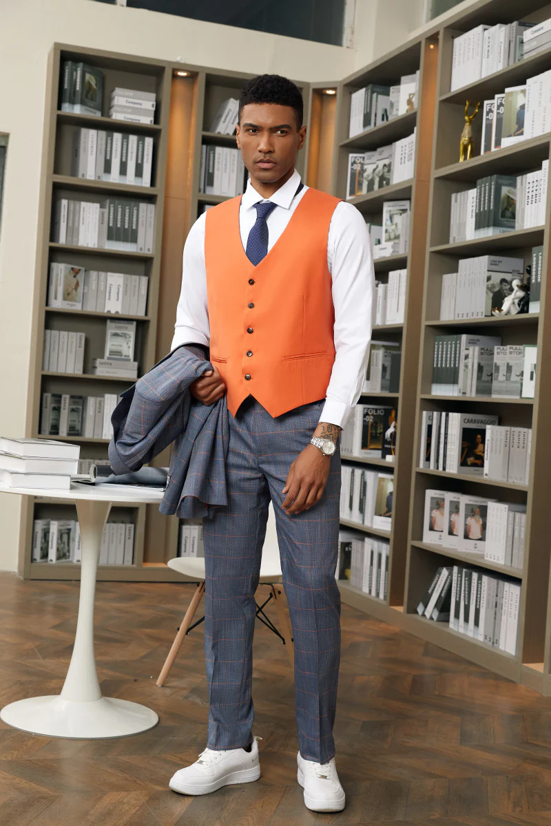 Men's Stacy Adam's One Button Vested Peak Lapel Suit in Navy Blue & Orange Windowpane Plaid - Image 3