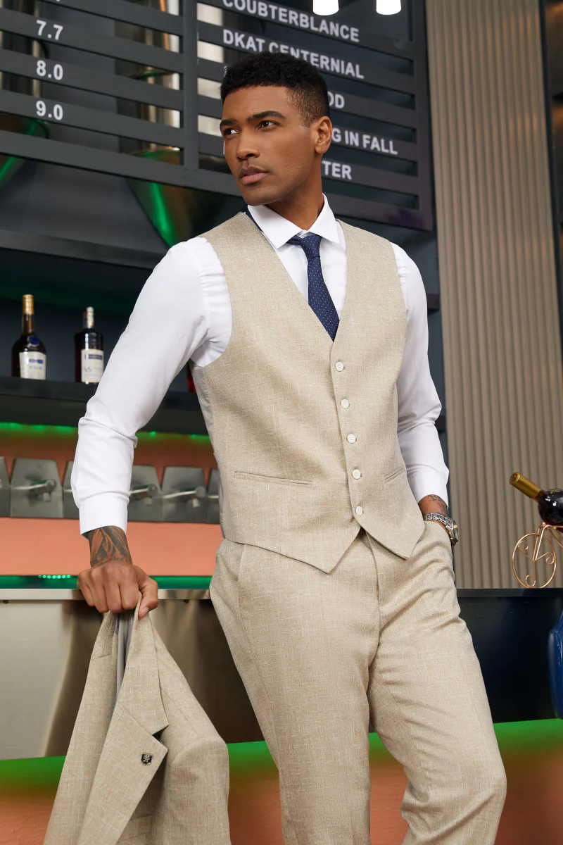 Men's Stacy Adam's Two Button Vested Summer Suit in Light Tan - Image 3