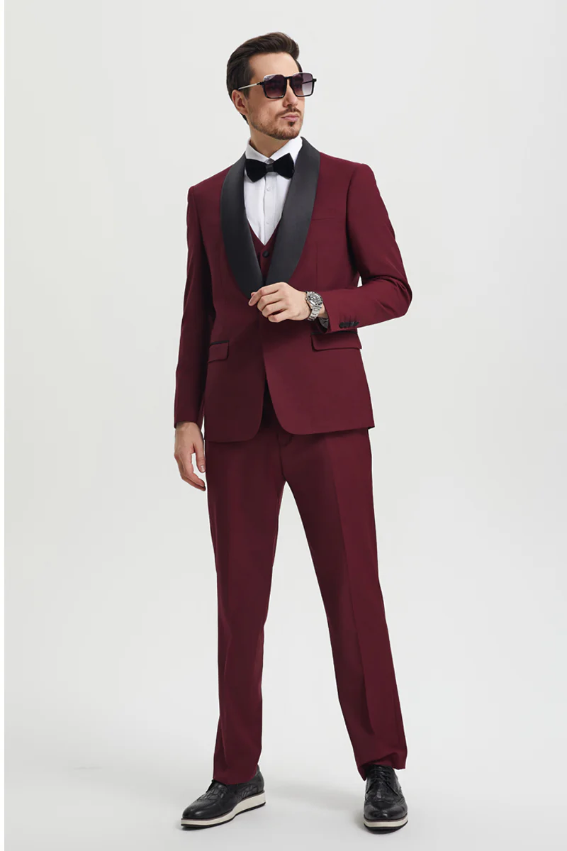 Men's Stacy Adams Vested One Button Shawl Lapel Designer Tuxedo in Burgundy - Image 3