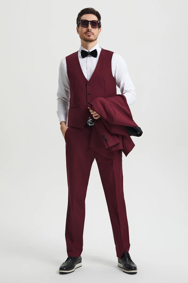 Men's Stacy Adams Vested One Button Shawl Lapel Designer Tuxedo in Burgundy - Image 4