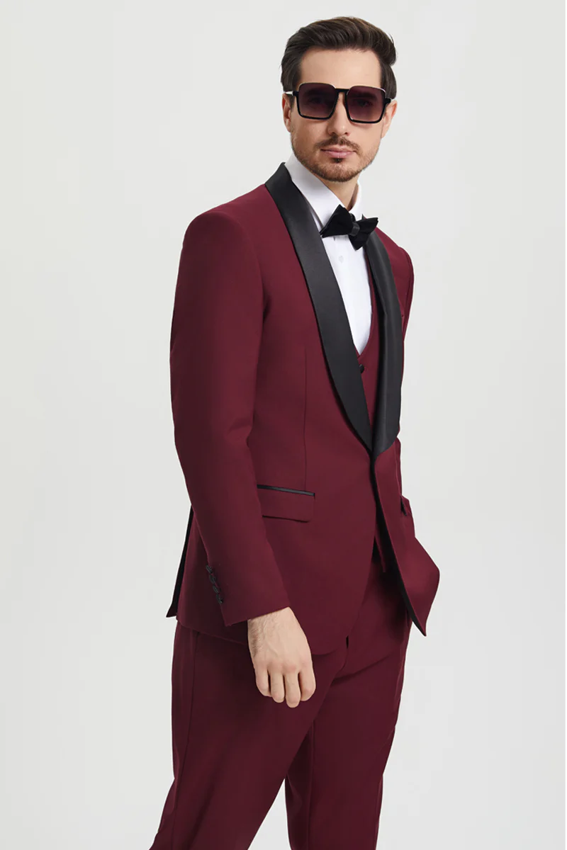 Men's Stacy Adams Vested One Button Shawl Lapel Designer Tuxedo in Burgundy - Image 6