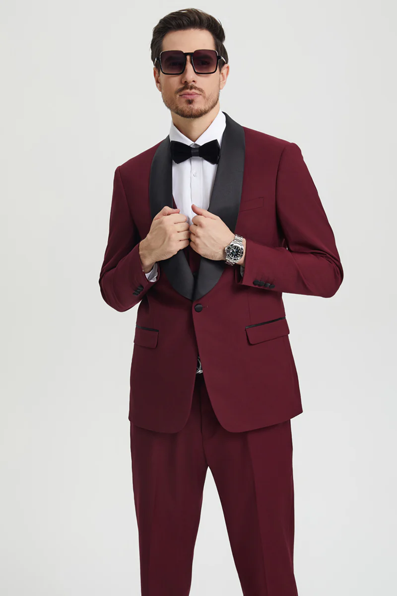 Men's Stacy Adams Vested One Button Shawl Lapel Designer Tuxedo in Burgundy - Image 7
