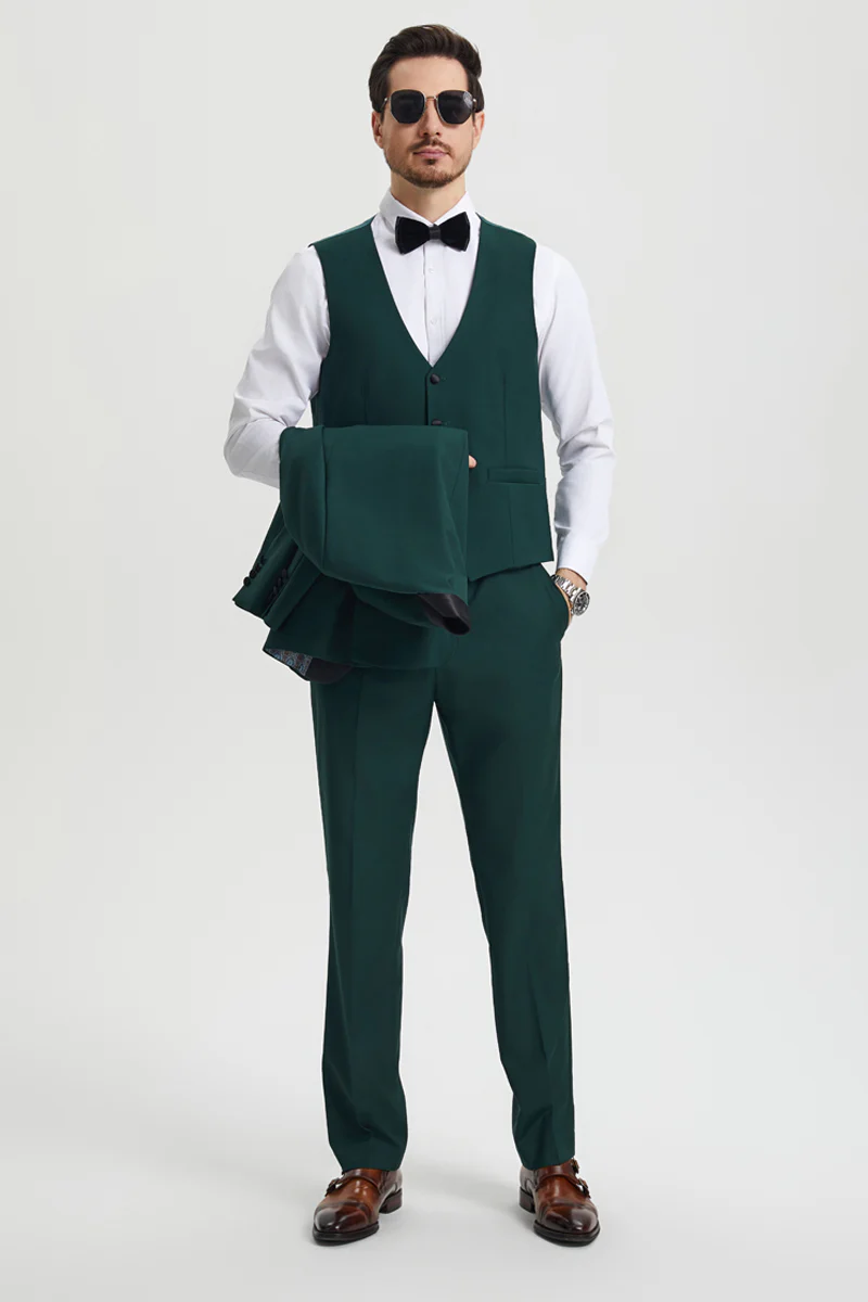 Men's Stacy Adams Vested One Button Shawl Lapel Designer Tuxedo in Hunter Green - Image 4