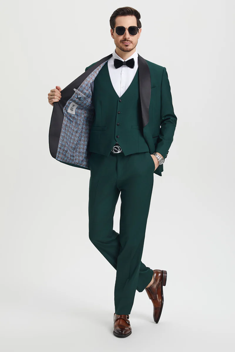 Men's Stacy Adams Vested One Button Shawl Lapel Designer Tuxedo in Hunter Green - Image 5