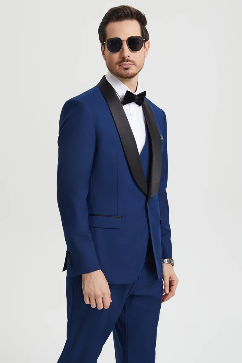 Men's Stacy Adams Vested One Button Shawl Lapel Designer Tuxedo in Indigo Blue - Image 4