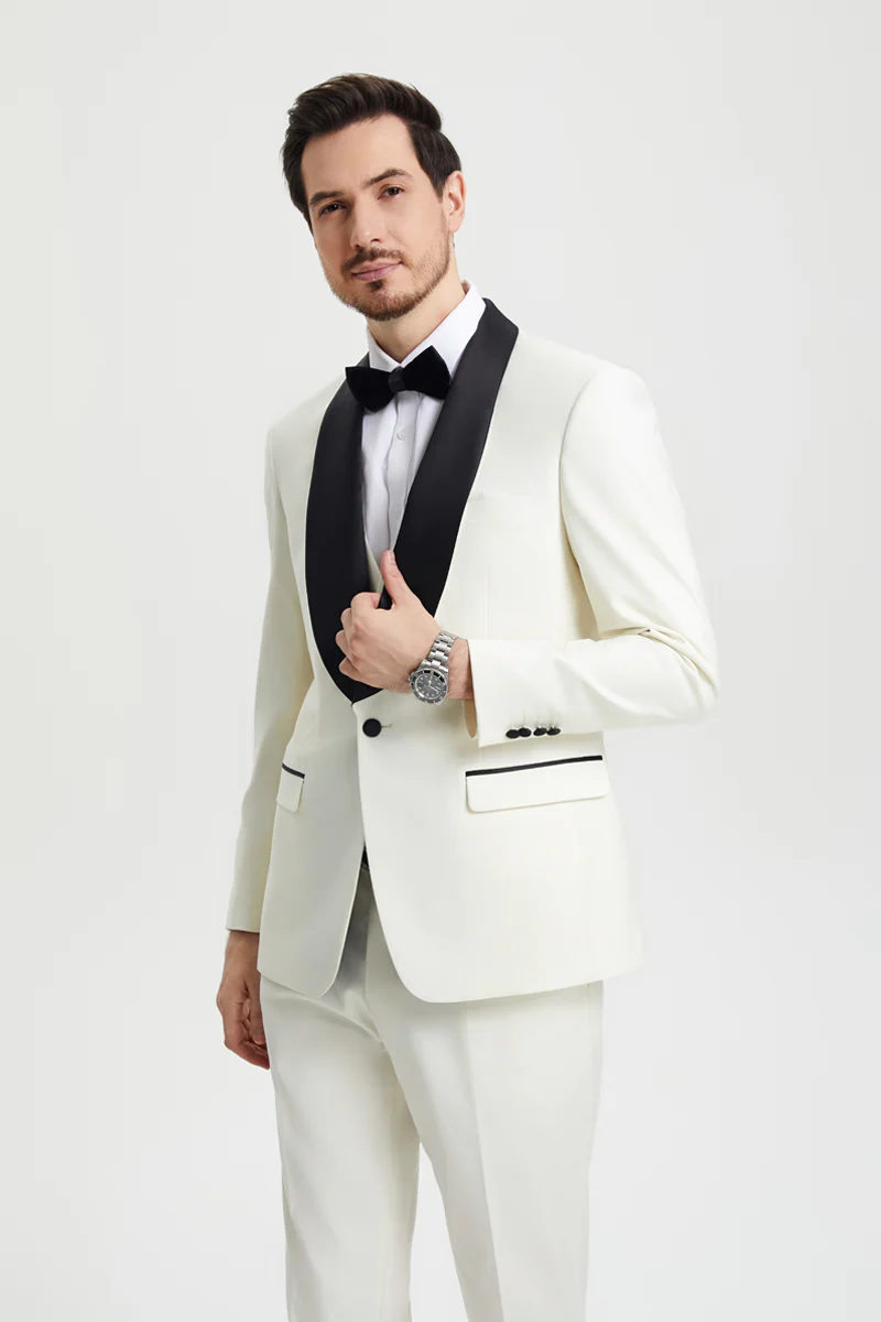 Men's Stacy Adams Vested One Button Shawl Lapel Designer Tuxedo in Ivory - Image 4