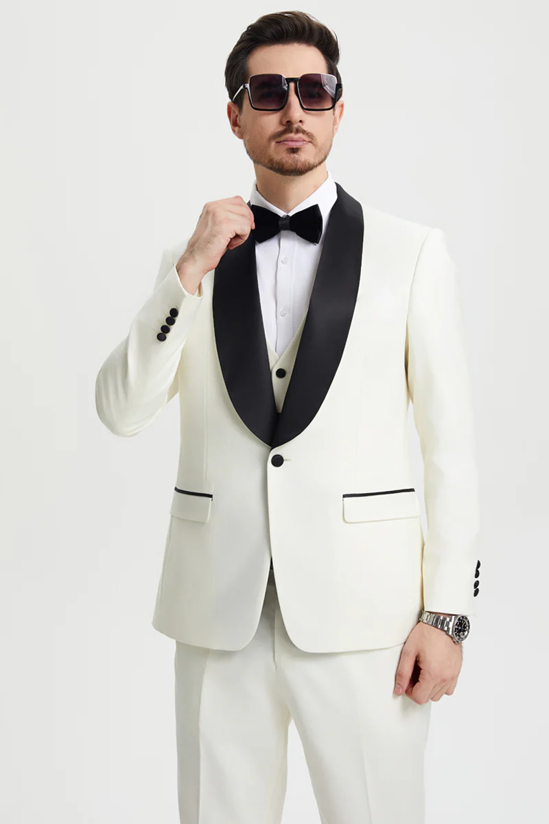 Men's Stacy Adams Vested One Button Shawl Lapel Designer Tuxedo in Ivory - Image 5