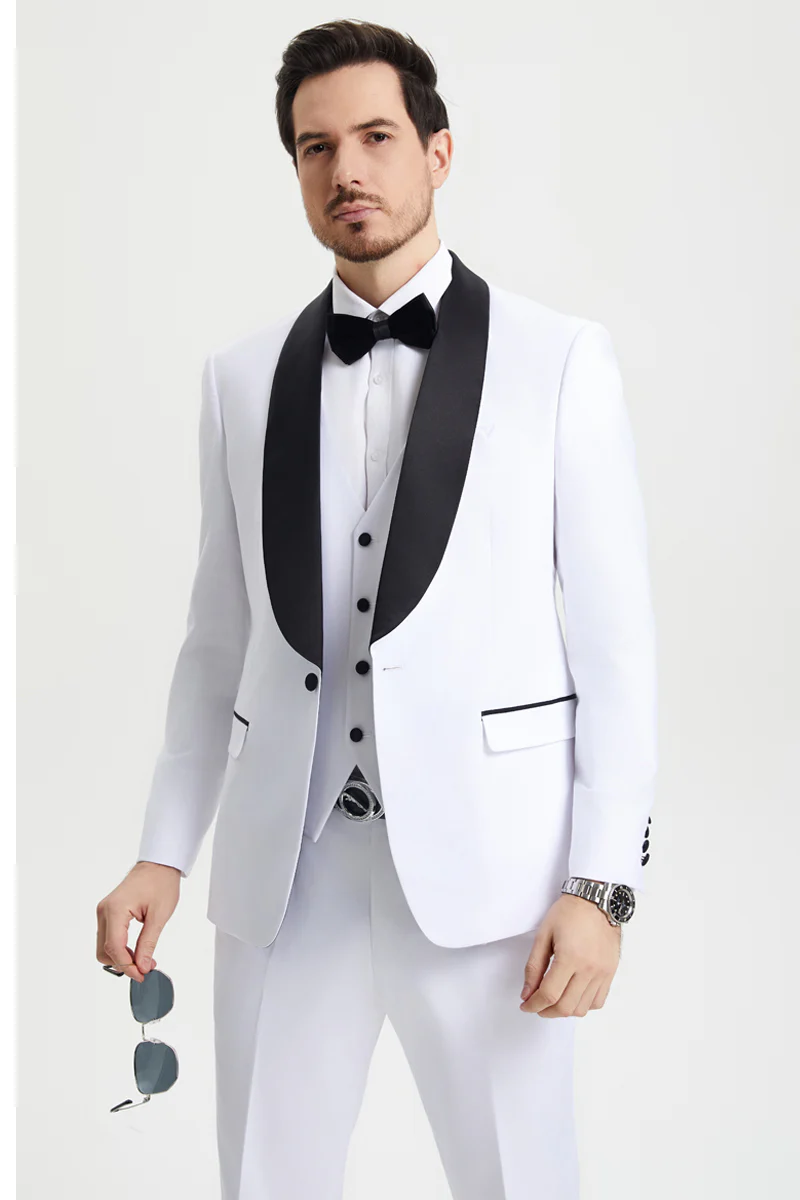 Men's Stacy Adams Vested One Button Shawl Lapel Designer Tuxedo in White - Image 7