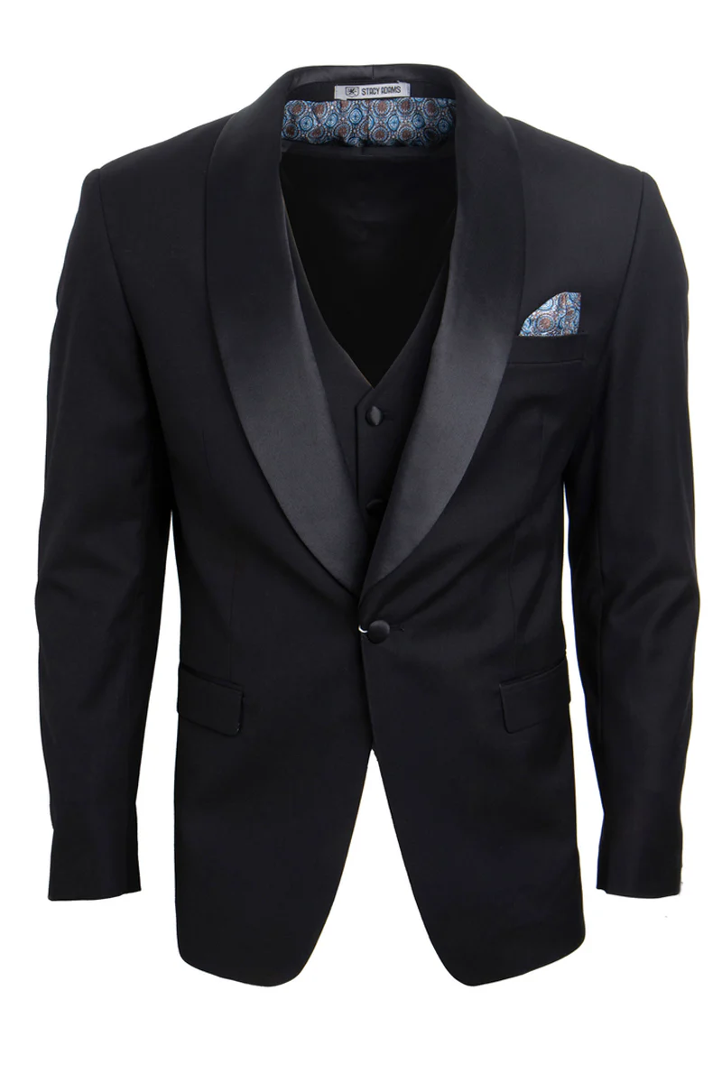 Men's Stacy Adams Vested One Button Shawl Lapel Tuxedo in Black - Image 3