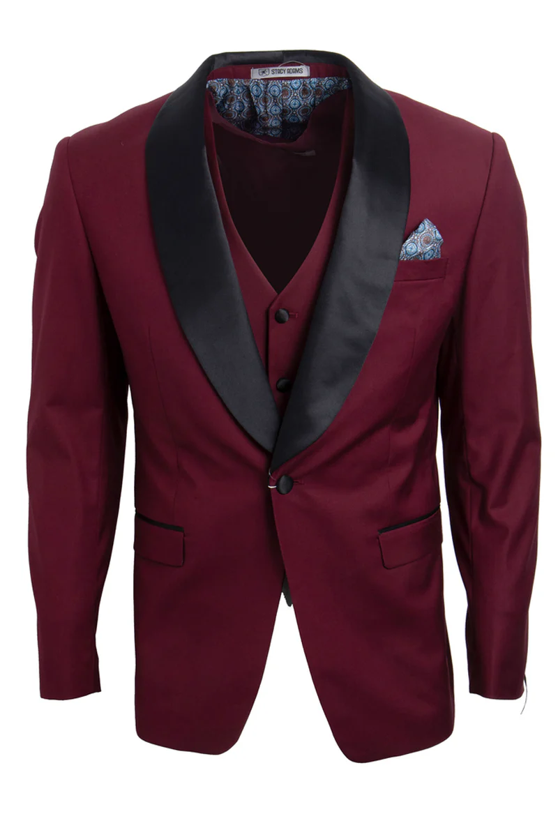 Men's Stacy Adams Vested One Button Shawl Lapel Tuxedo in Burgundy - Image 3