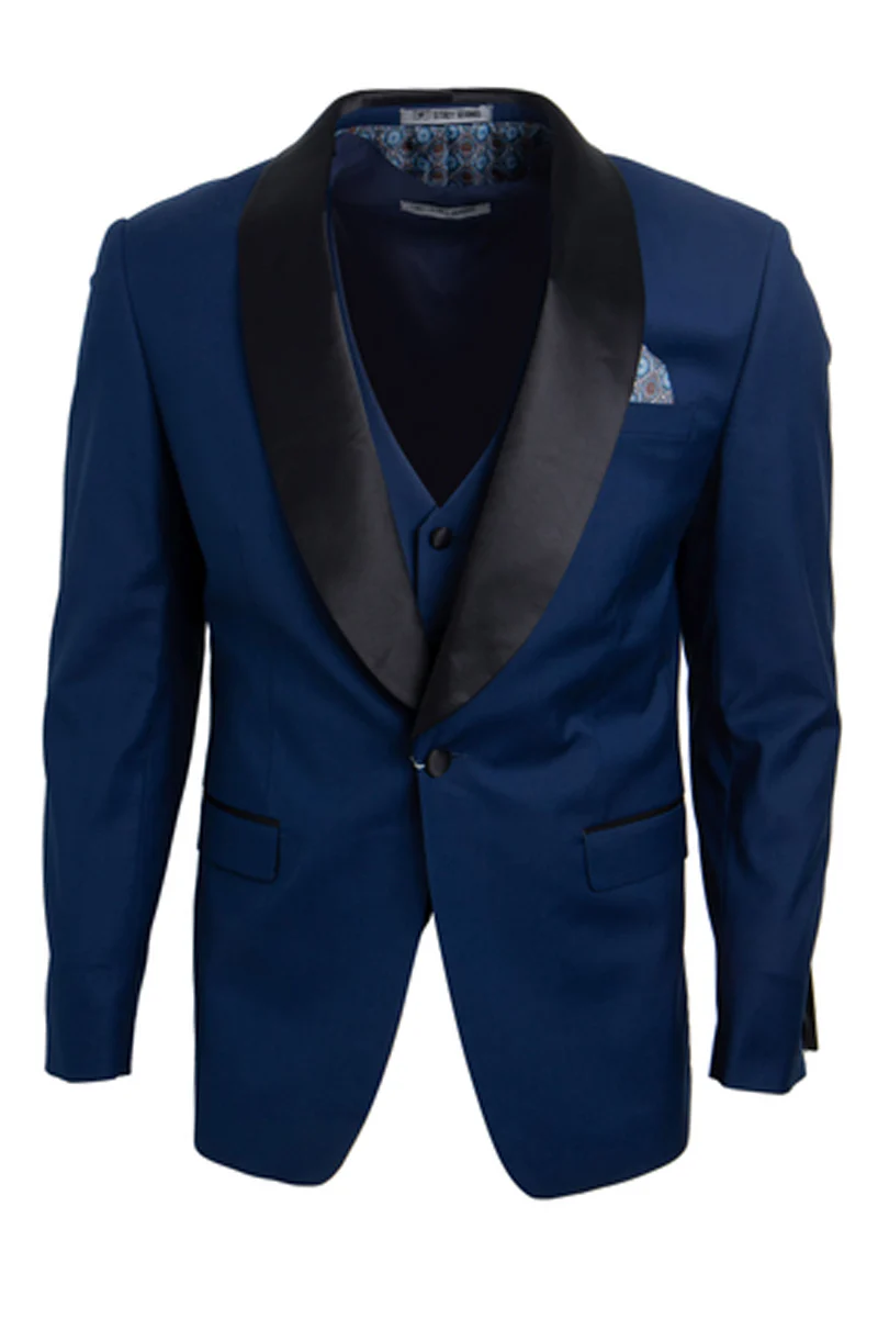Men's Stacy Adams Vested One Button Shawl Lapel Tuxedo in Indigo Blue - Image 3