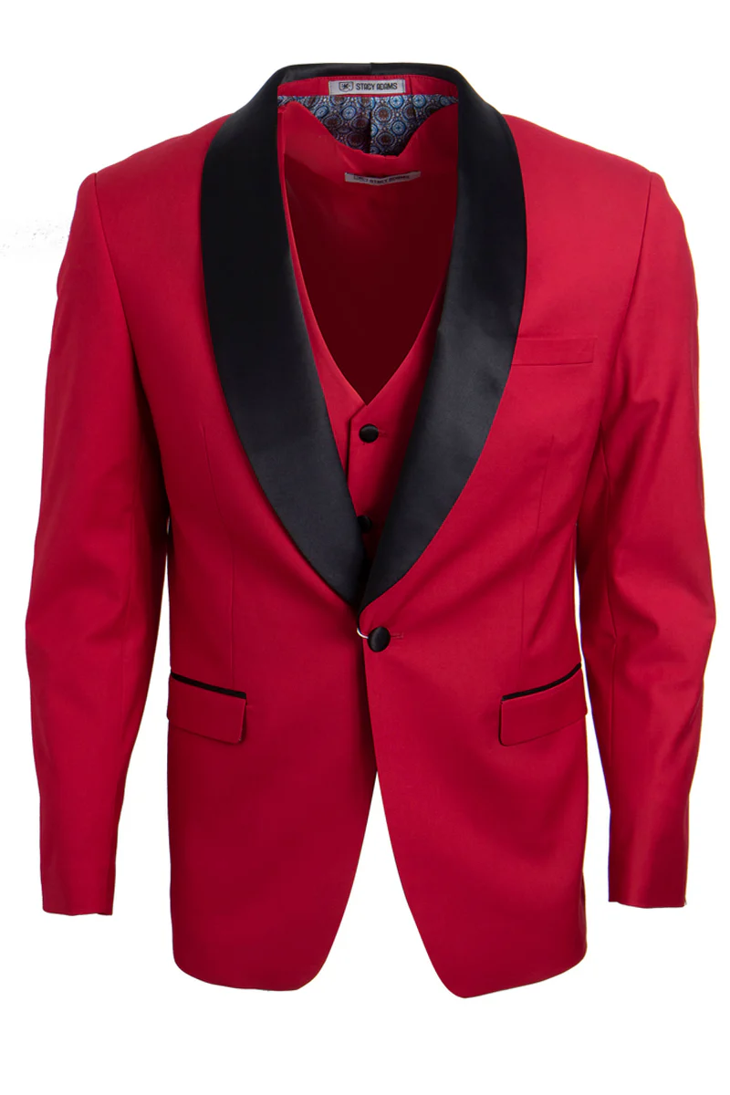 Men's Stacy Adams Vested One Button Shawl Lapel Tuxedo in Red - Image 3
