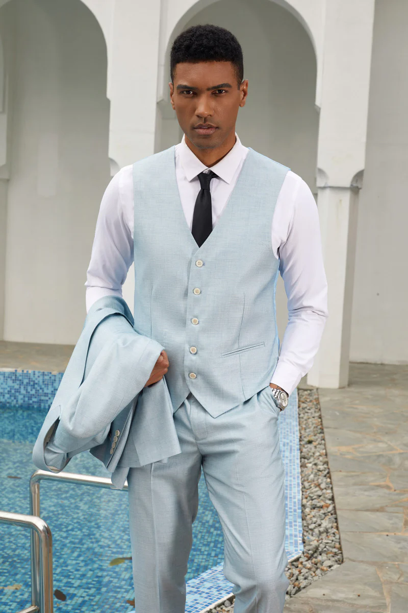 Men's Stacy Adam's Vested Summer Peak Lapel Suit in Grey Blue - Image 3