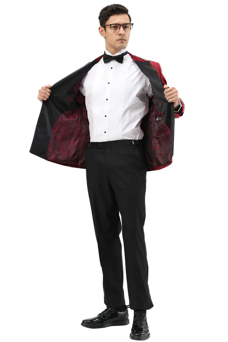 Men's Velvet Double Breasted Wedding & Prom Tuxedo Jacket in Burgundy - Image 3