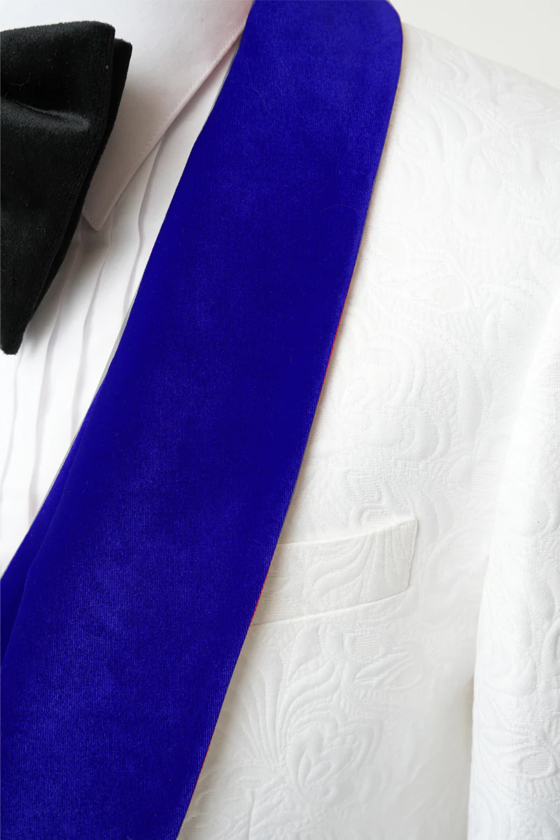 Men's Vested White Paisley Wedding & Prom Tuxedo with Royal Blue Velvet Lapel - Image 3